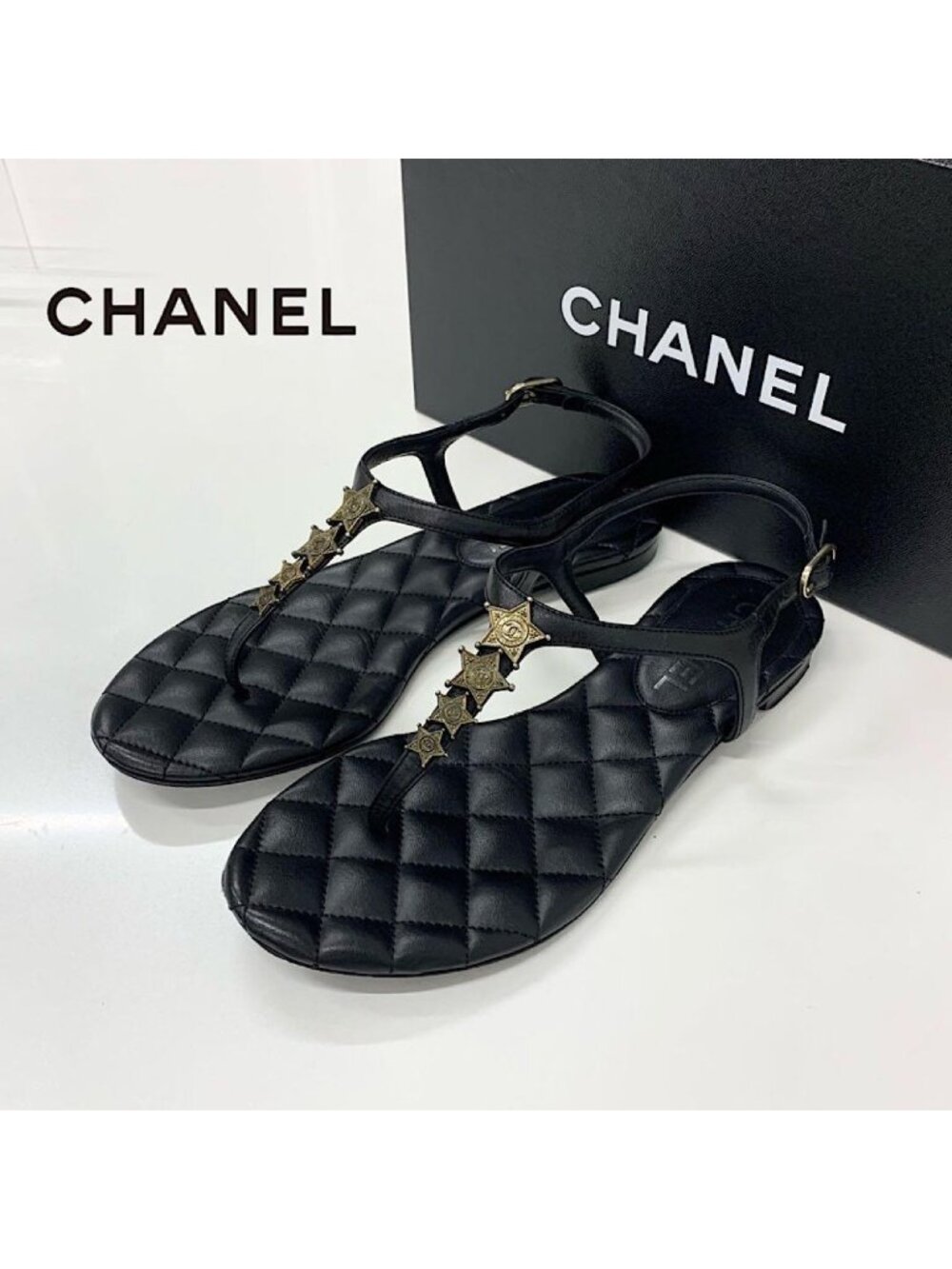 Chanel CC Logo Star Quilted Leather Thong Sandals Black - Picture 1 of 10